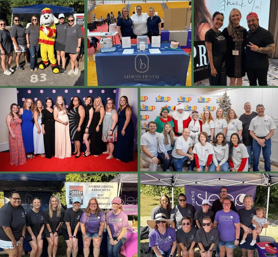 A collage of the Athens Dental Associates team at community events, including an information stand, a red-carpet evening and a holiday gathering.